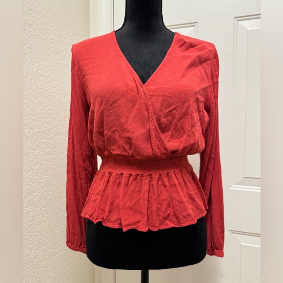 Express Tops - Express Red Long-Sleeve Smocked Peplum Wrap Blouse